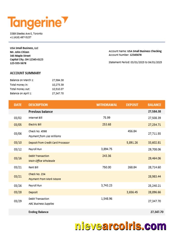 Tangerine business bank statement